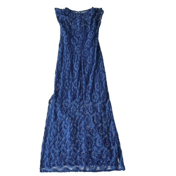 Love Reign Women's Maxi Dress Blue Floral Lace Size Medium Slits Party Holidays - Picture 11 of 12